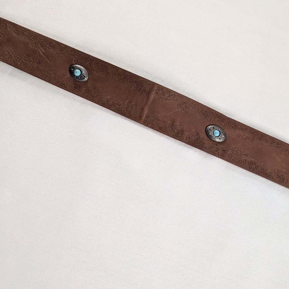 VTG Brown Tan Faux Tooled Leather Teal Silver Gem Silver Buckle Western Belt - Picture 2 of 4
